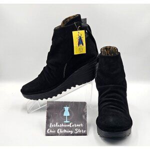 NWT FLY London Women's Yebi Black Suede Ruched Ankle Wedge Booties Sz 7.5 2975